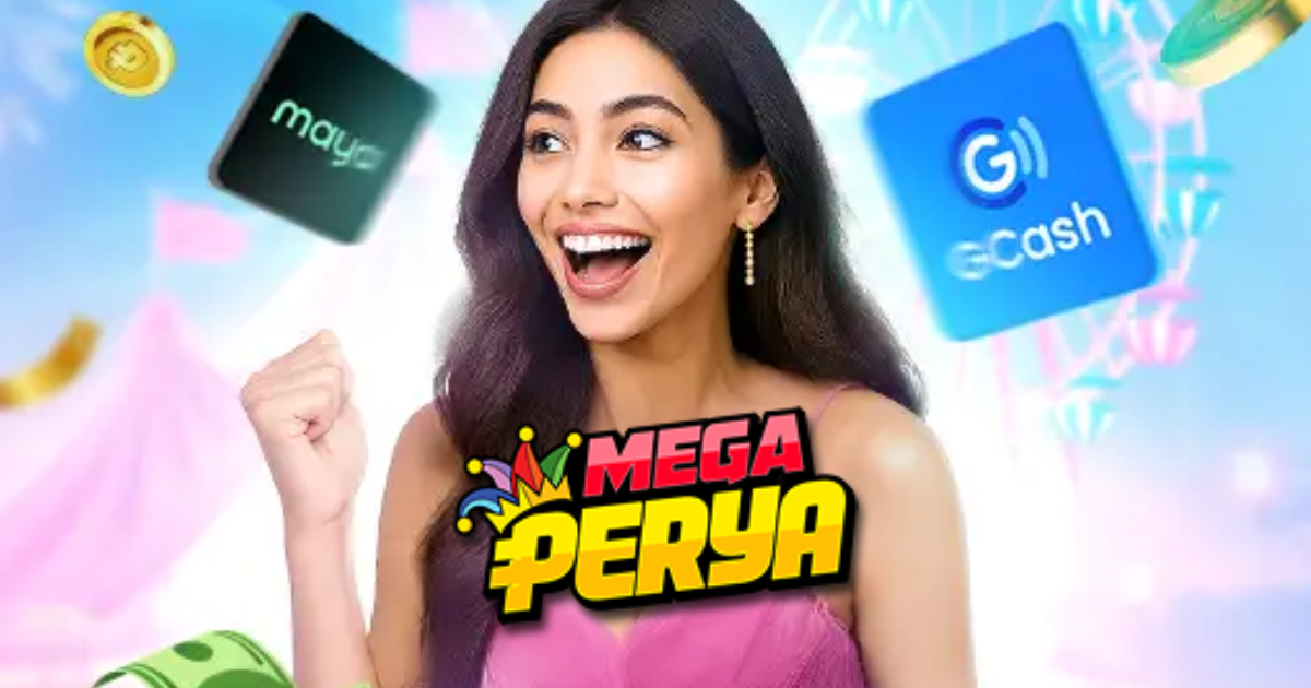 Mega Perya main banner showing Play, Win, Celebrate with GCash Entertainment Hub